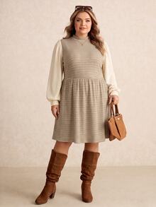 SHEIN CURVE+ فستان نسائي مقاس كبير 22W، فستان خريف/شتاء برقبة عالية وتصميم مرقع - متعدد الألوان - مشاهدة 4