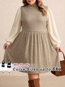 SHEIN CURVE+ فستان نسائي مقاس كبير 22W، فستان خريف/شتاء برقبة عالية وتصميم مرقع - متعدد الألوان - مشاهدة 7