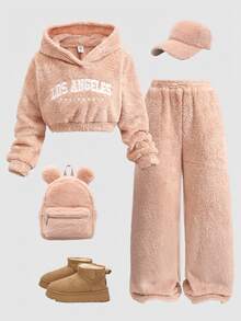 Girls' Autumn/Winter Flannel Set With Letter Embroidery - Apricot - View 3