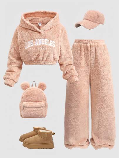 Girls' Autumn/Winter Flannel Set With Letter Embroidery