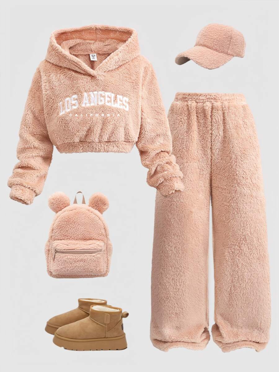 Girls' Autumn/Winter Flannel Set With Letter Embroidery - Apricot - View 1