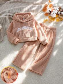 Girls' Autumn/Winter Flannel Set With Letter Embroidery - Apricot - View 1