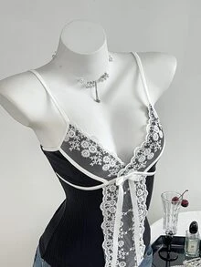 Elamini 女款休閒性感蕾絲拼接針織細肩帶背心，夏季/夜生活約會穿搭，黑白配色 - 黑色 - 查看 3