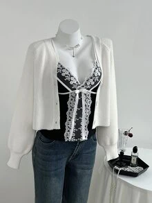 Elamini 女款休閒性感蕾絲拼接針織細肩帶背心，夏季/夜生活約會穿搭，黑白配色 - 黑色 - 查看 8