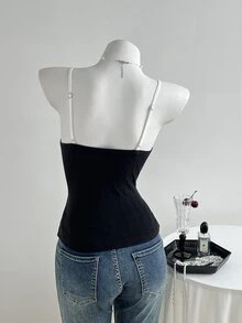 Elamini 女款休閒性感蕾絲拼接針織細肩帶背心，夏季/夜生活約會穿搭，黑白配色 - 黑色 - 查看 2