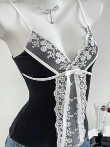 Elamini 女款休閒性感蕾絲拼接針織細肩帶背心，夏季/夜生活約會穿搭，黑白配色 - 黑色 - 查看 4