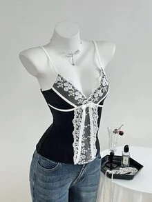 Elamini 女款休閒性感蕾絲拼接針織細肩帶背心，夏季/夜生活約會穿搭，黑白配色 - 黑色 - 查看 6