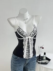 Elamini 女款休閒性感蕾絲拼接針織細肩帶背心，夏季/夜生活約會穿搭，黑白配色 - 黑色 - 查看 7