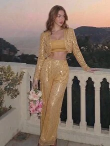 SHEIN MOD 女款華麗金色亮片短版波萊羅夾克 V領長袖閃亮外套，亮眼上衣，金色亮片外套，閃亮夾克 - 金色 - 查看 2