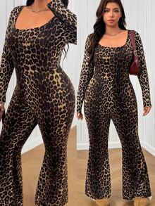 SHEIN EZwear Plus Size Fashion Leopard Print Jumpsuit Fall - Multicolor - View 6