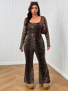 SHEIN EZwear Plus Size Fashion Leopard Print Jumpsuit Fall - Multicolor - View 4