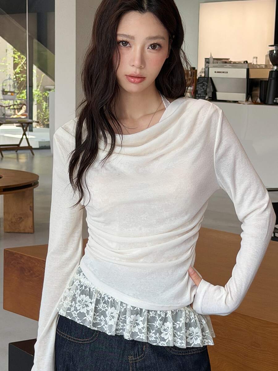 K-Vae Korean Style Lazy Halterneck Draped Pleated Long Sleeve Cover-Up & Lace Spaghetti Strap Strap Pure Desire Top 2 Pieces Set - Apricot - View 1