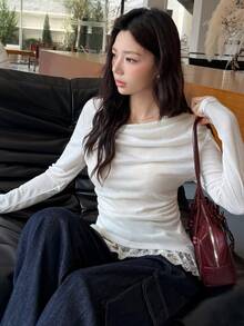 K-Vae Korean Style Lazy Halterneck Draped Pleated Long Sleeve Cover-Up & Lace Spaghetti Strap Strap Pure Desire Top 2 Pieces Set - Apricot - View 5