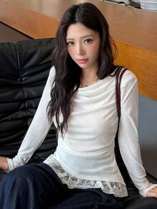 K-Vae Korean Style Lazy Halterneck Draped Pleated Long Sleeve Cover-Up & Lace Spaghetti Strap Strap Pure Desire Top 2 Pieces Set - Apricot - View 3