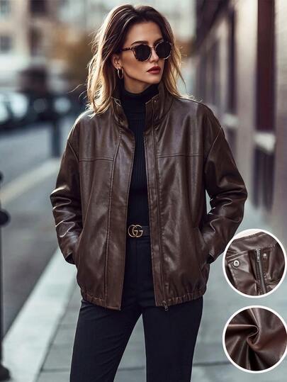 Editum Women's Solid Color PU Leather Casual Streetwear Versatile Long Sleeve Jacket Everyday Travel Dark Brown Fall