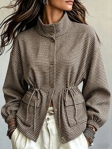 SHEIN Women's Brown Plaid Stand Collar Cinched Waist Utility Jacket - Vintage Loose Coat For Spring And Fa - Brown - View 5