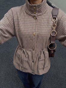 SHEIN Women's Brown Plaid Stand Collar Cinched Waist Utility Jacket - Vintage Loose Coat For Spring And Fa - Brown - View 4