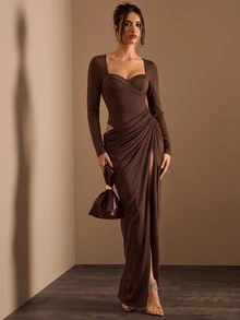 Glamine 2026 Autumn/Winter Early Autumn Sexy Party Date High Elastic Knit 2 In 1 High Slit Underwire Bust Fishbone Women's Long Dress - Brown - View 6