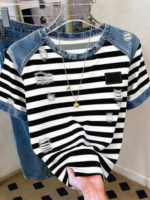 Resyla [Denim Effect] 女款時尚黑白條紋丹寧效果T恤，落肩圓領拼接設計，夏季休閒街頭風，適合城市度假、四季日常穿搭 - 黑色 - 查看 3