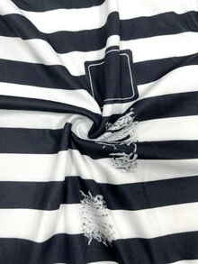 Resyla [Denim Effect] 女款時尚黑白條紋丹寧效果T恤，落肩圓領拼接設計，夏季休閒街頭風，適合城市度假、四季日常穿搭 - 黑色 - 查看 5