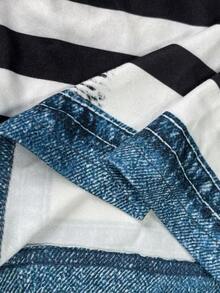 Resyla [Denim Effect] 女款時尚黑白條紋丹寧效果T恤，落肩圓領拼接設計，夏季休閒街頭風，適合城市度假、四季日常穿搭 - 黑色 - 查看 7