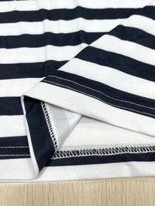 Resyla [Denim Effect] 女款時尚黑白條紋丹寧效果T恤，落肩圓領拼接設計，夏季休閒街頭風，適合城市度假、四季日常穿搭 - 黑色 - 查看 10