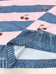 Resyla [Denim Effect] 休閒時尚丹寧效果拼接條紋櫻桃數位印花圓領女款T恤 - 藍色 - 查看 6