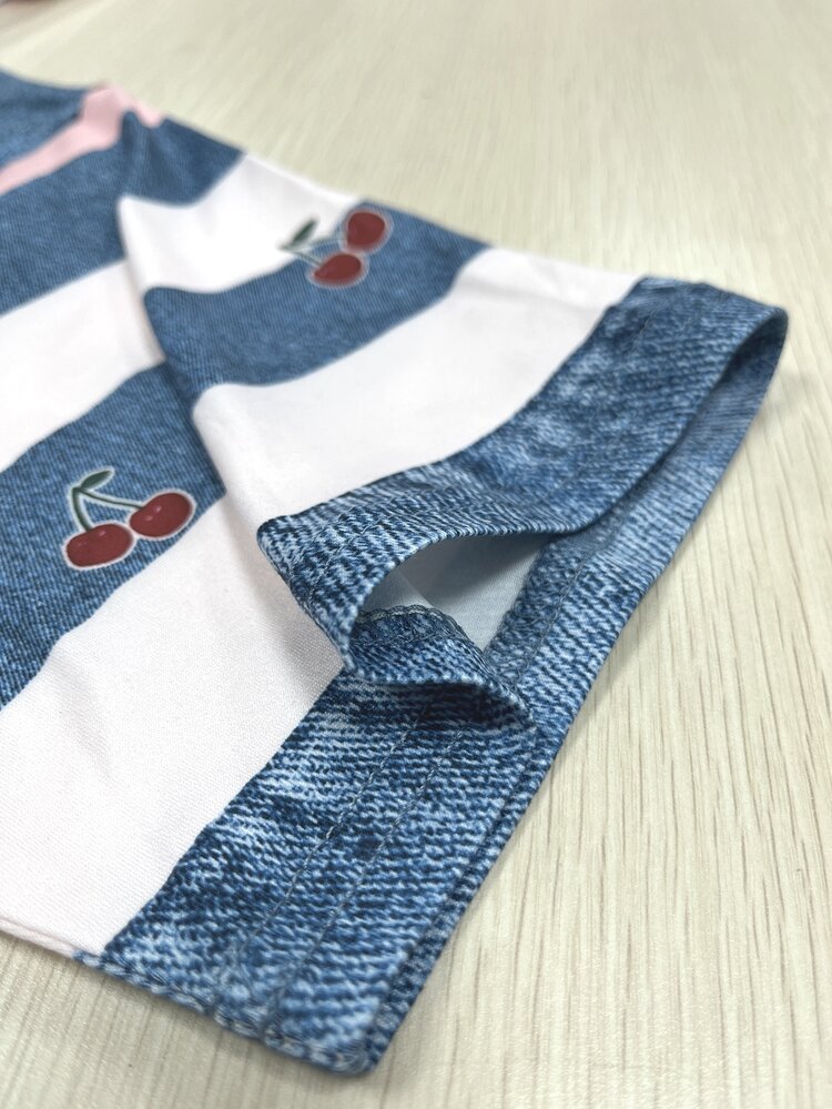 Resyla [Denim Effect] Casual & Fashionable, Denim Effect Patchwork Striped Cherry Digital Print Round Neck Women T-Shirt - Blue - View 4