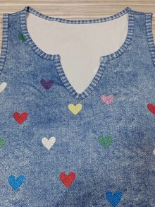 Selamara [Denim Effect] Fashion Casual Romantic, Denim Effect Heart Print Sleeveless Top, Suitable For Parties Vacation And Daily Wear Women's Tank Top Blue Summer - Blue - View 5