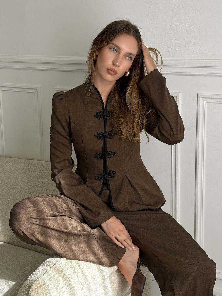 Siren Gaze Women's Brown Frog Button Suit Set, Autumn/Winter New Style - Brown - View 1