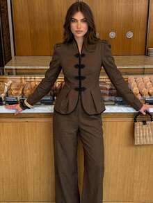 Siren Gaze Women's Brown Frog Button Suit Set, Autumn/Winter New Style - Brown - View 10