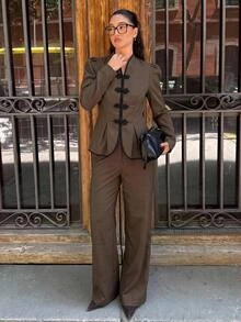 Siren Gaze Women's Brown Frog Button Suit Set, Autumn/Winter New Style - Brown - View 8