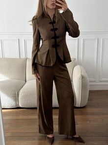 Siren Gaze Women's Brown Frog Button Suit Set, Autumn/Winter New Style - Brown - View 7