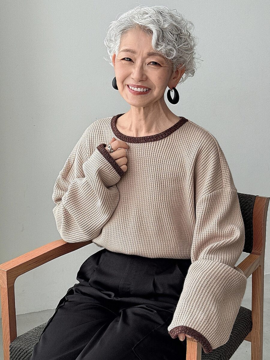 FRIFUL 女士华夫格针织撞色宽松圆领长袖休闲T恤,适合春秋季分层穿着 - 卡其色 - 查看 1