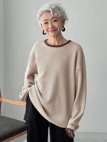 FRIFUL 女士华夫格针织撞色宽松圆领长袖休闲T恤，适合春秋季分层穿着 - 卡其色 - 查看 3