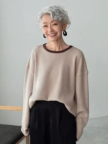 FRIFUL 女士华夫格针织撞色宽松圆领长袖休闲T恤，适合春秋季分层穿着 - 卡其色 - 查看 6