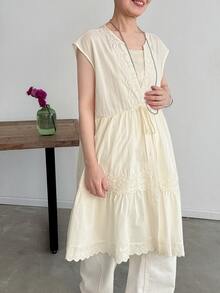 FRIFUL Women's Fashion Versatile Lace Patchwork Tie-Up Button Top Summer Granny - Green - View 5