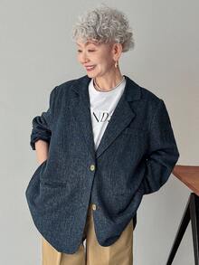 FRIFUL 女款寬鬆純色長袖夾克，獨特翻領設計，秋季商務穿搭西式女裝 - 藏蓝色 - 查看 5