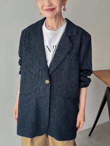 FRIFUL 女款寬鬆純色長袖夾克，獨特翻領設計，秋季商務穿搭西式女裝 - 藏蓝色 - 查看 3