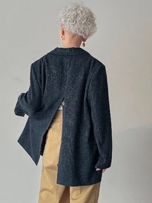 FRIFUL 女款寬鬆純色長袖夾克，獨特翻領設計，秋季商務穿搭西式女裝 - 藏蓝色 - 查看 4
