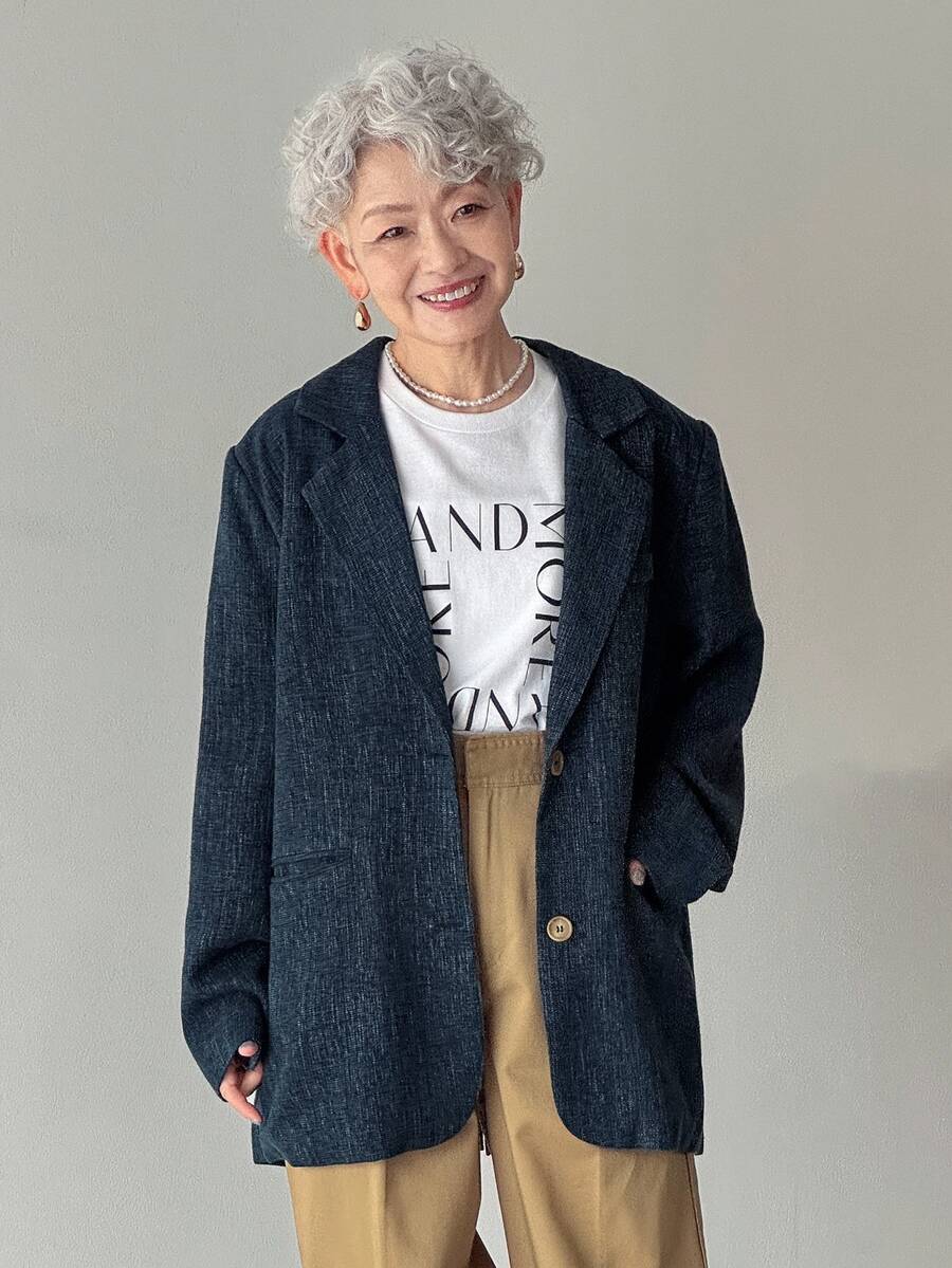 FRIFUL 女款寬鬆純色長袖夾克,獨特翻領設計,秋季商務穿搭西式女裝 - 藏蓝色 - 查看 1