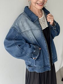 FRIFUL Women's Drop Shoulder Long Sleeve Zipper Front Pocket Loose Casual Denim Jacket - Blue - View 5
