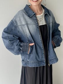 FRIFUL Women's Drop Shoulder Long Sleeve Zipper Front Pocket Loose Casual Denim Jacket - Blue - View 2