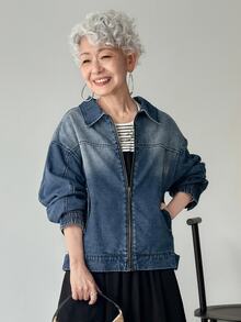 FRIFUL Women's Drop Shoulder Long Sleeve Zipper Front Pocket Loose Casual Denim Jacket - Blue - View 3
