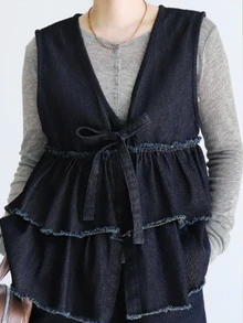 FRIFUL Women's Casual Washed Denim Sleeveless Jacket - Blue - View 2