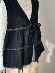 FRIFUL Women's Casual Washed Denim Sleeveless Jacket - Blue - View 5