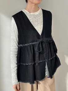 FRIFUL Women's Casual Washed Denim Sleeveless Jacket - Blue - View 3