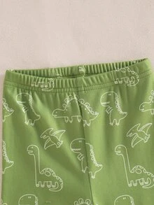 SHEIN 男嬰女嬰貼身款秋冬卡通恐龍圖案羅紋圓領長袖上衣+睡褲，柔軟舒適貼身睡衣家居休閒套裝2件組，聖誕節、新年睡衣 - 綠色 - 查看 8