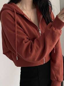 DAZY 女款連帽短版刷毛運動衫 - 酒紅色 - 查看 4