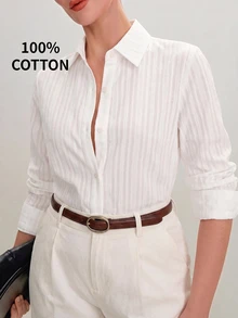 SHEIN PETITE CURVE Kemeja Bisnis Lengan Panjang Kancing Elegan Ukuran Besar - Putih - View 7